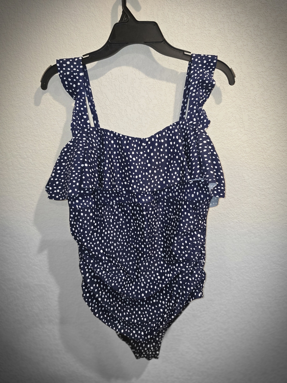 Kona Sol Navy Blue Polka Dot Ruched Ruffle One Piece Swimsuit Size 16